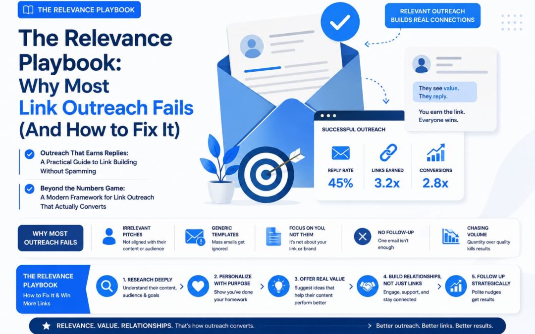 Infographic-style illustration of a link outreach framework showing email pitch, follow-up, and deliverability steps for link building